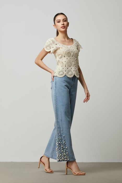 pearl details denim jeans