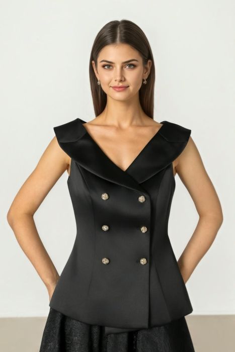 Black Crepe Button Top