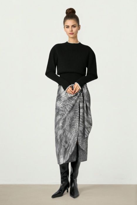 Gray Print Twill Skirt
