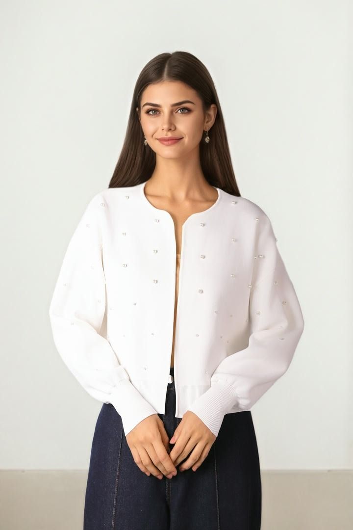 Pearl-Embellished Cropped Cardigan