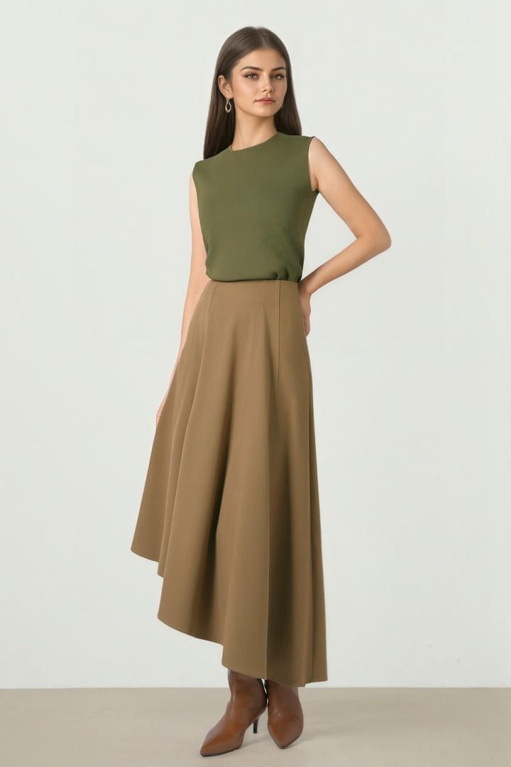 Tan Wool-Look Midi Skirt