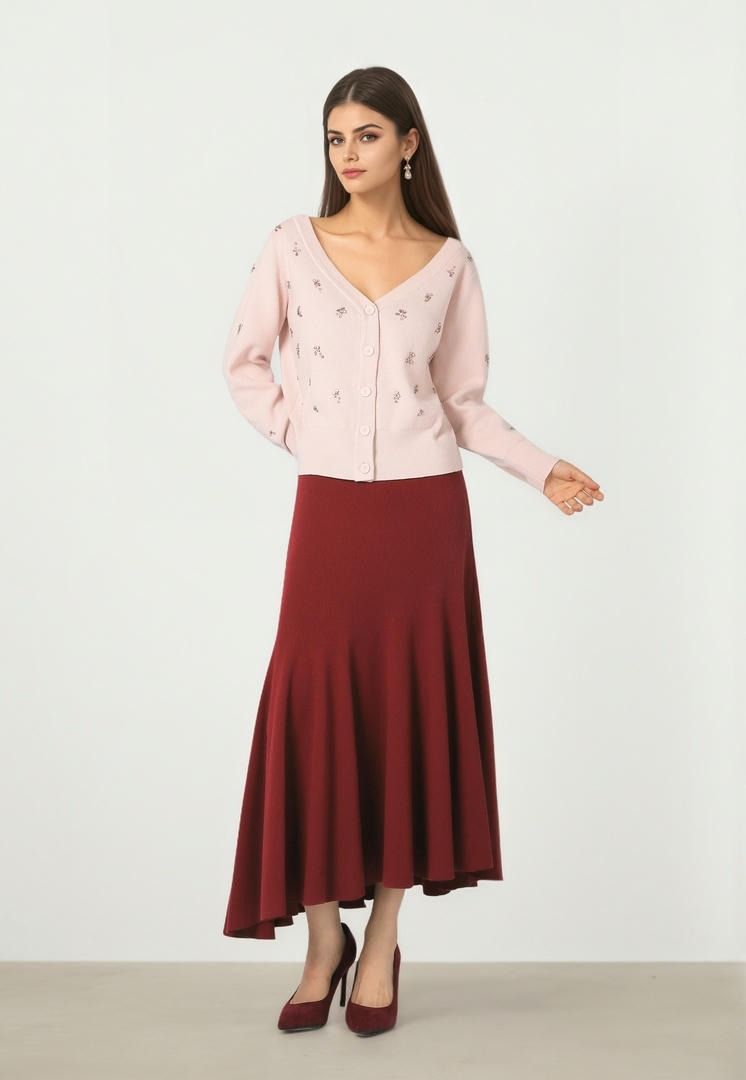 Burgundy Knit Flare Skirt