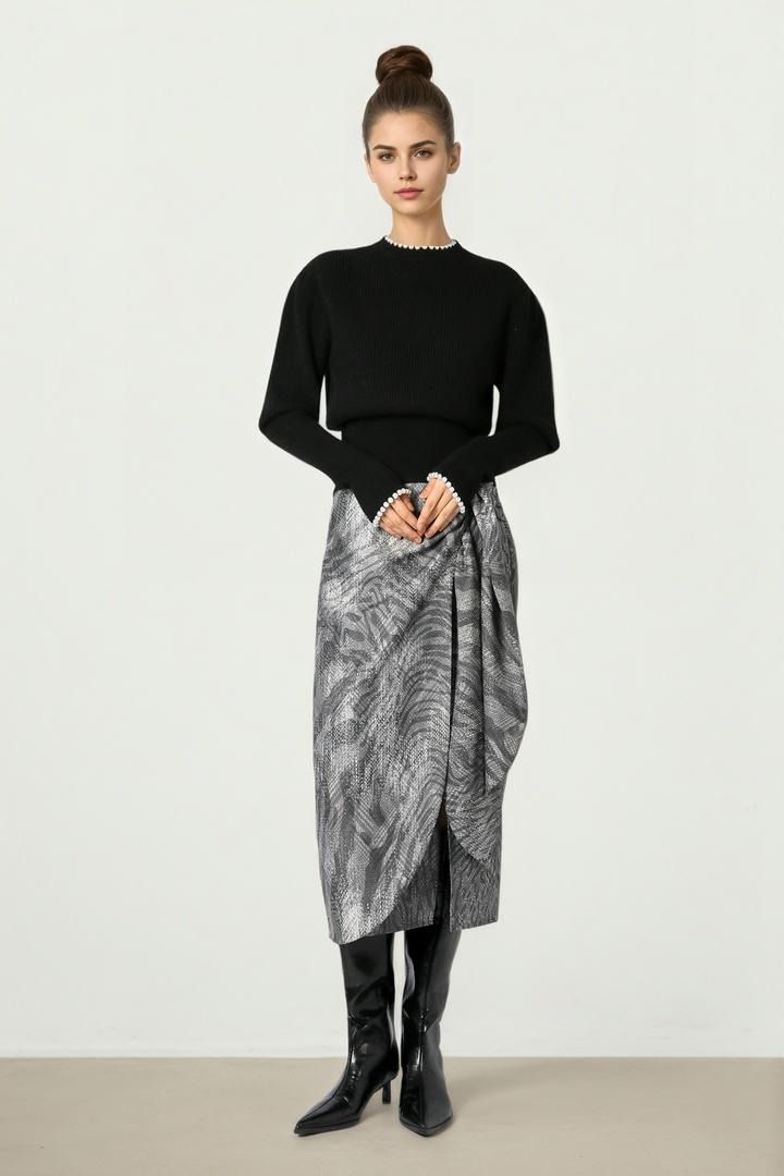 Gray Print Twill Skirt