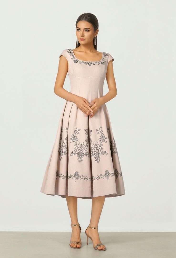 Beige Embroidered Dress