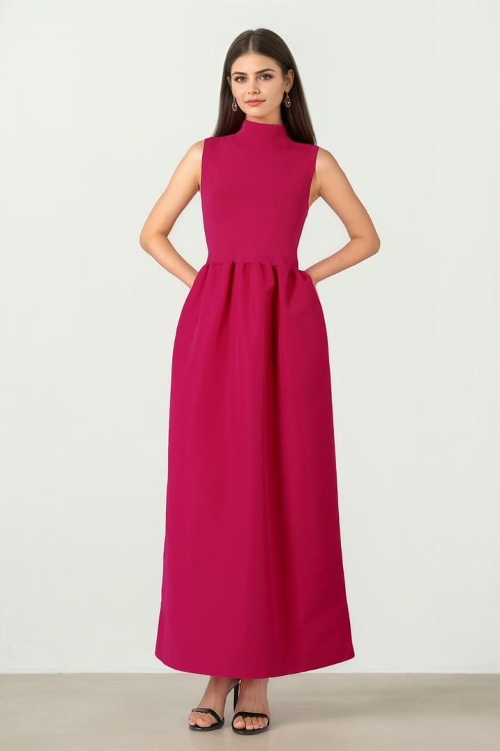 Fuchsia Dress with High Collar