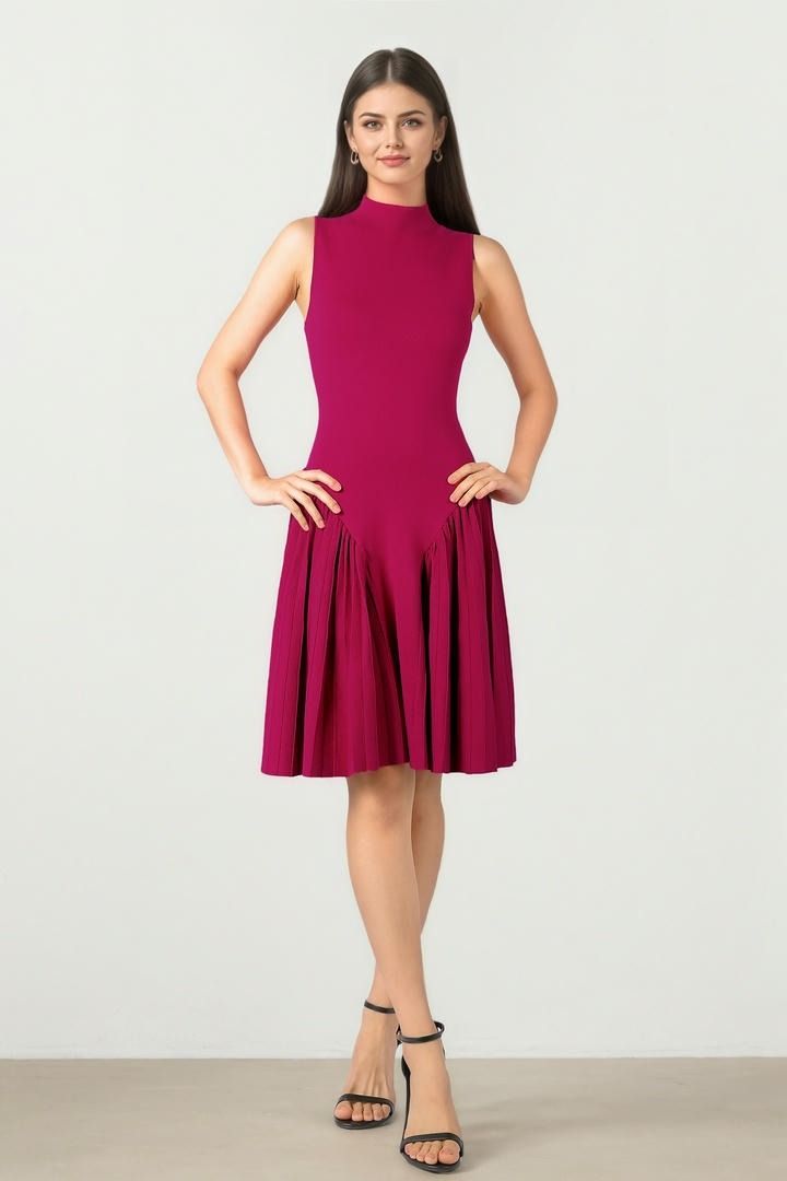 Burgundy Knit Dress with Pleats