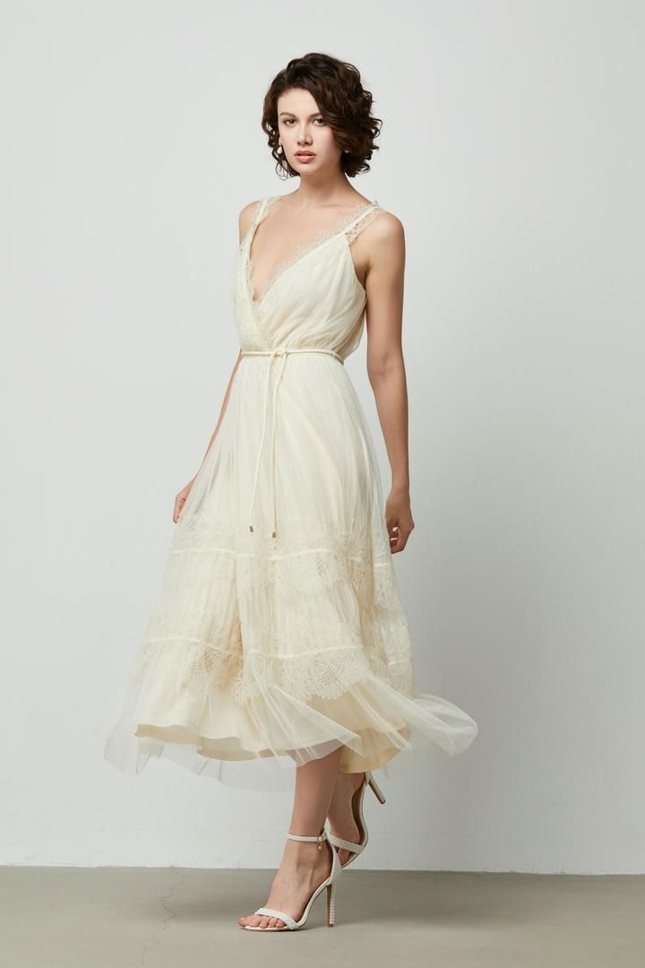 Crossover front lace trimming dress