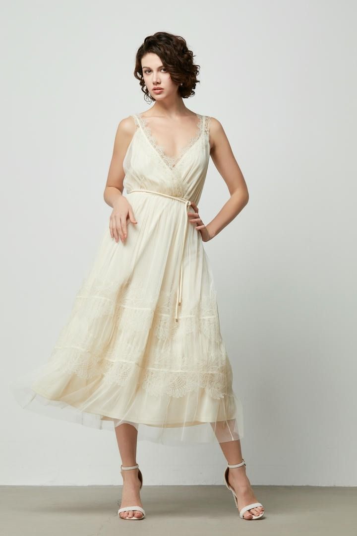 Crossover front lace trimming dress