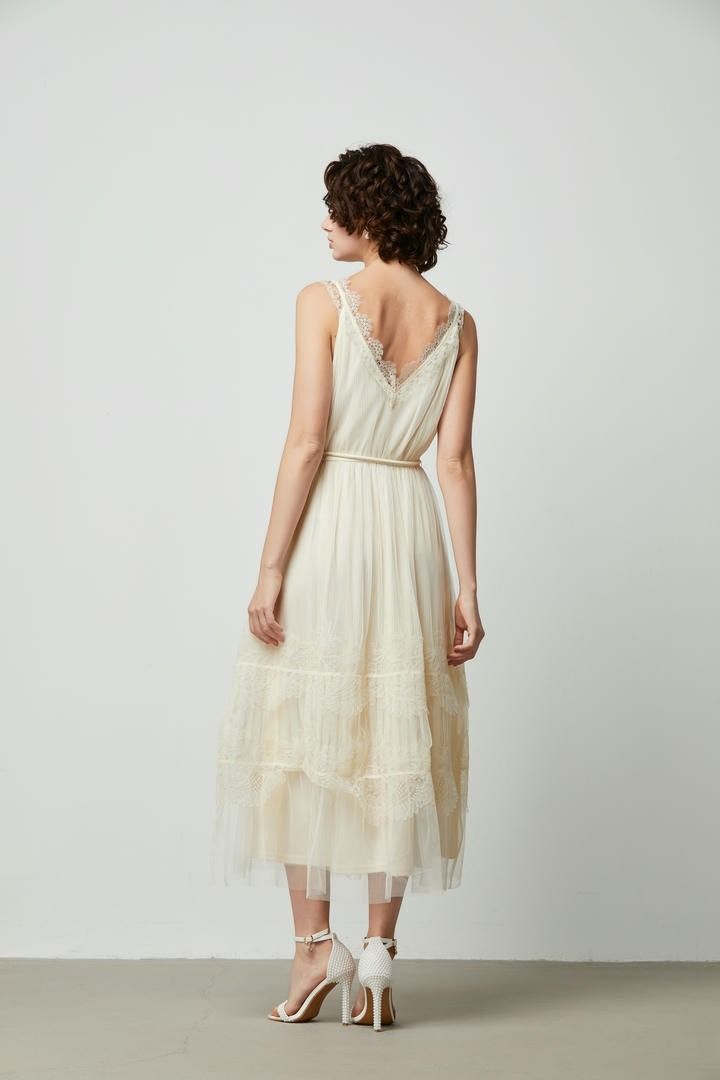 Crossover front lace trimming dress