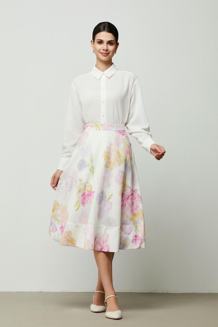 Floral Cotton Linen Midi Skirt