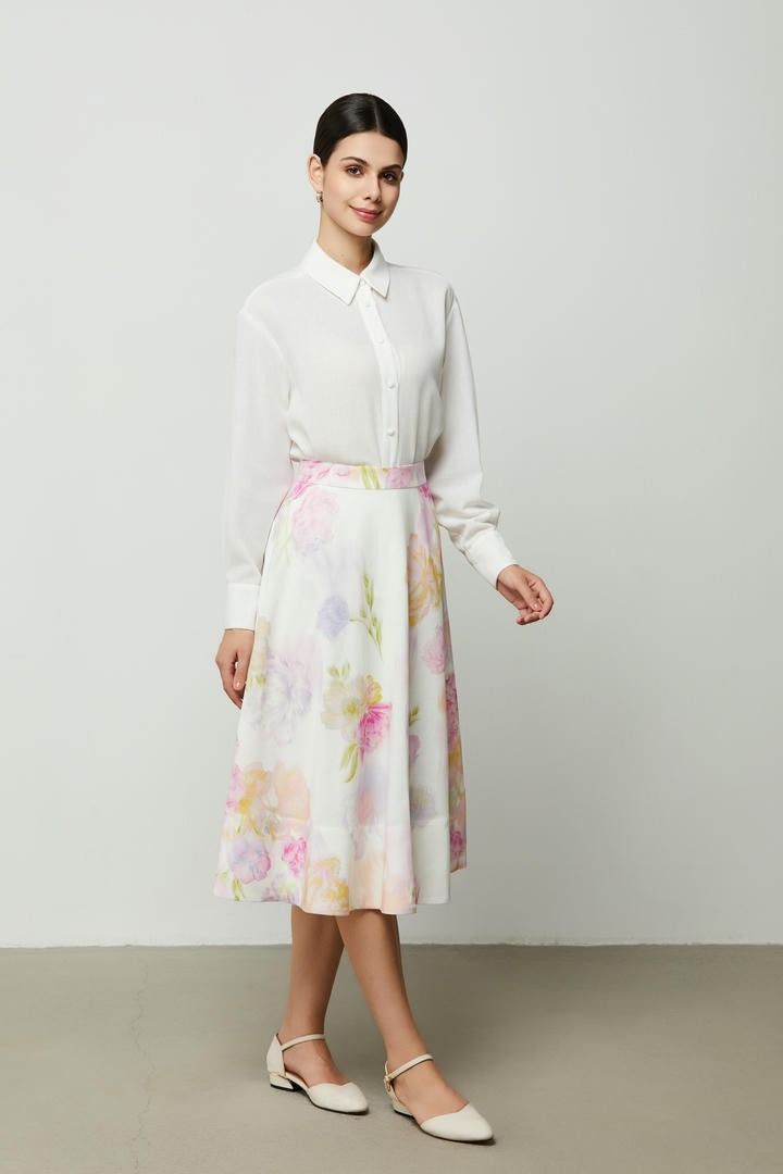 Floral Cotton Linen Midi Skirt
