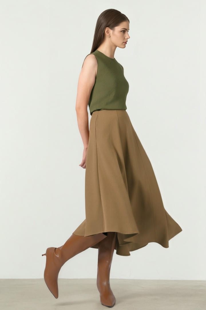 Tan Wool-Look Midi Skirt