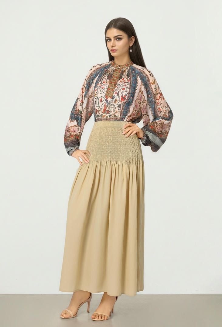 Beige Smocked Skirt