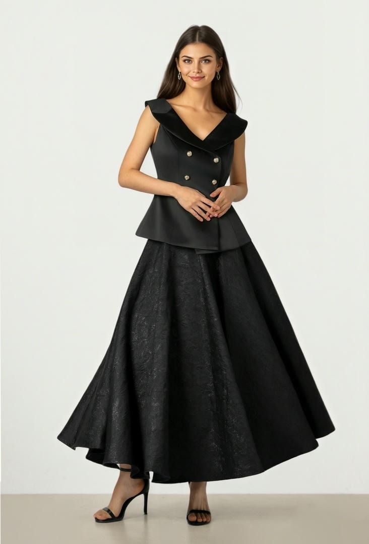 Black Brocade Flare Skirt