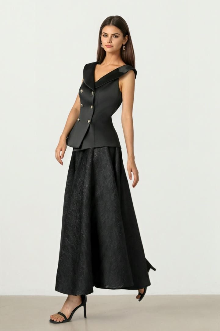 Black Crepe Button Top