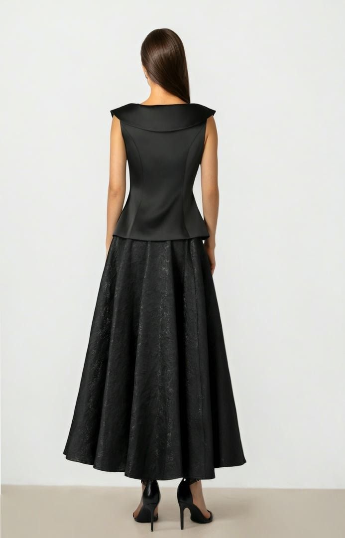 Black Brocade Flare Skirt