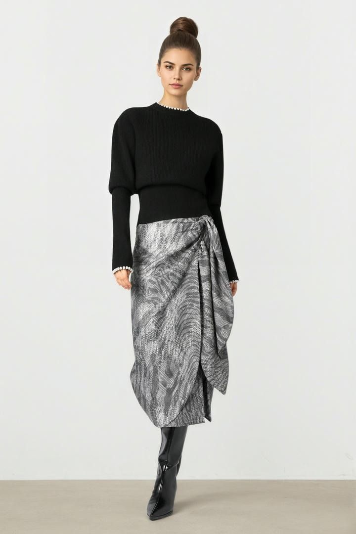 Gray Print Twill Skirt