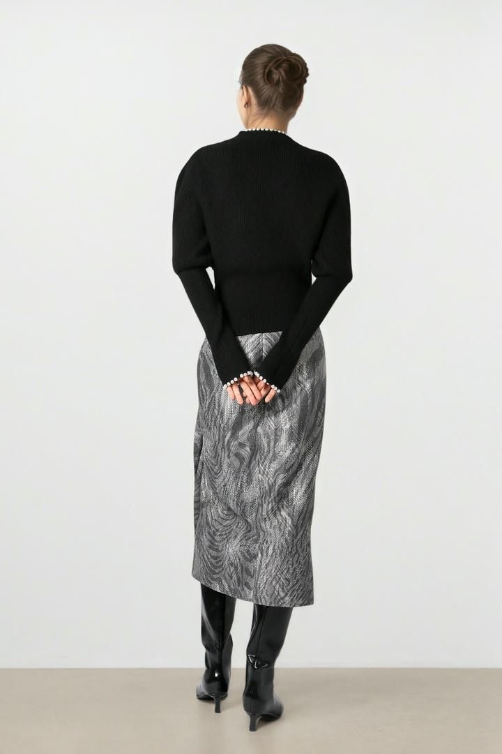 Gray Print Twill Skirt