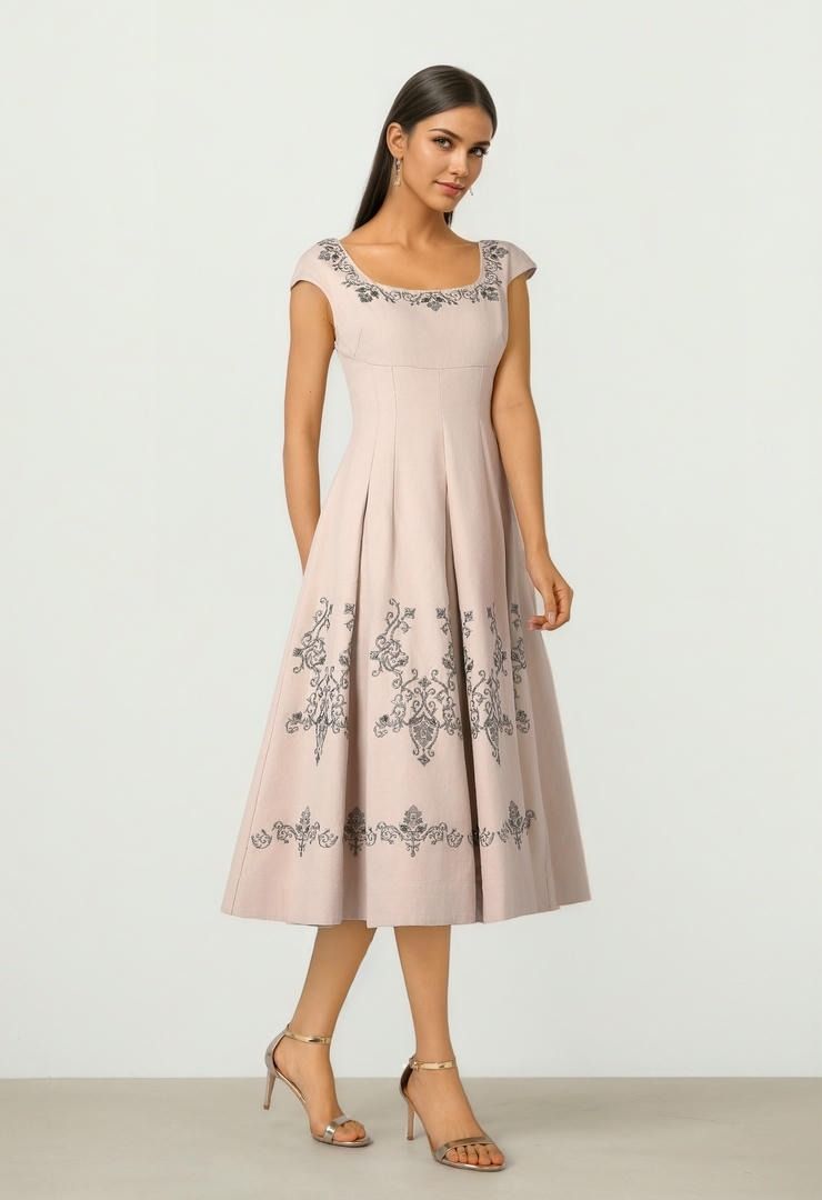 Beige Embroidered Dress