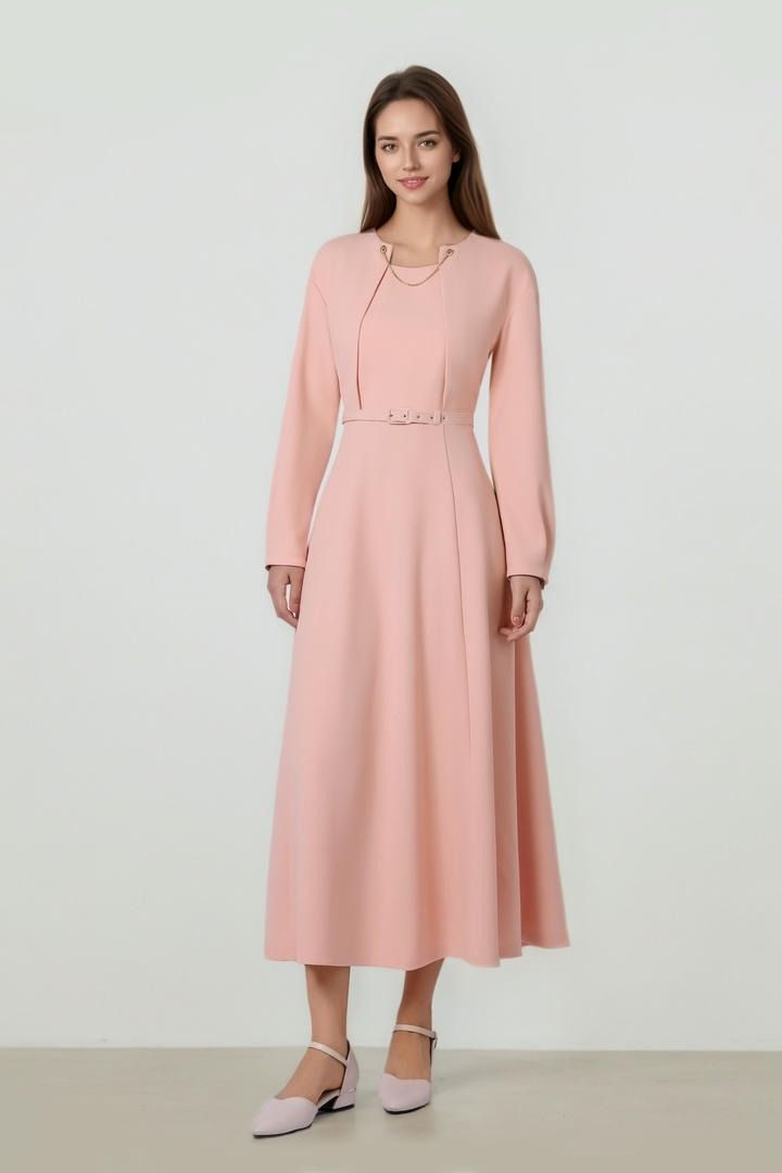 Long Sleeve Belted Waist Midi Dress