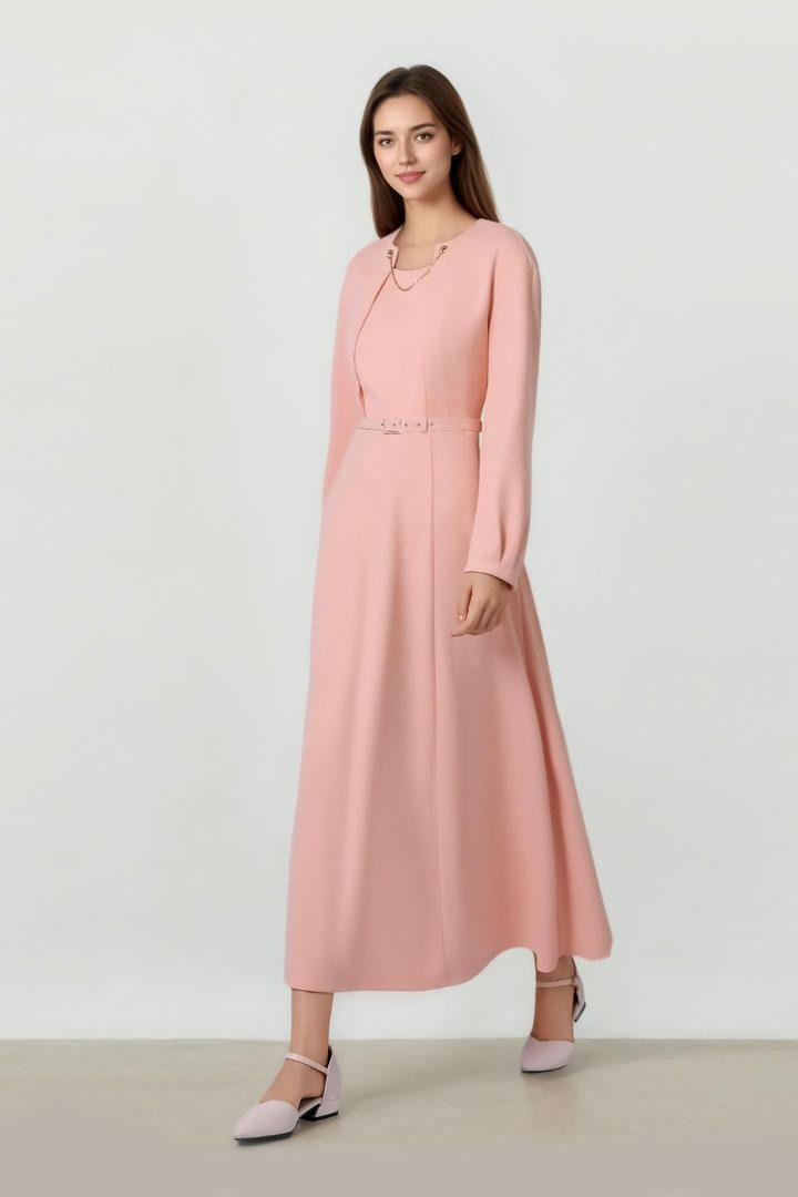 Long Sleeve Belted Waist Midi Dress