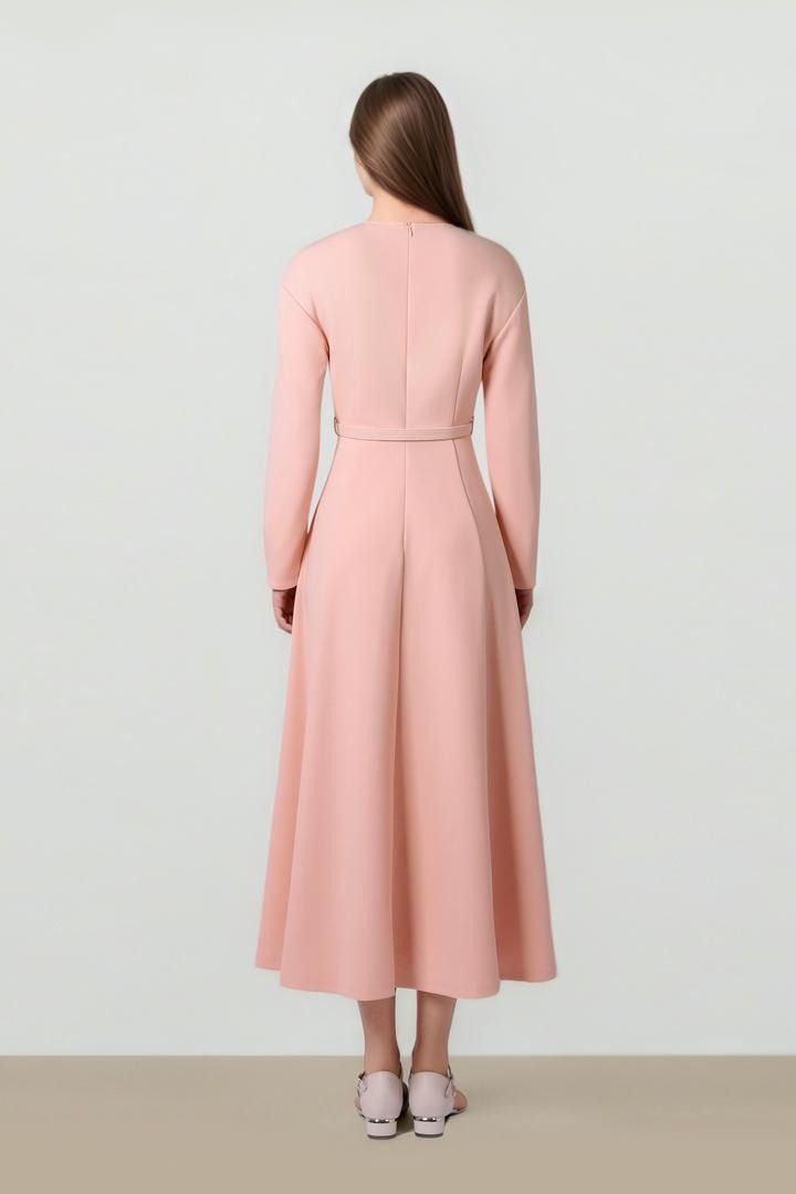 Long Sleeve Belted Waist Midi Dress