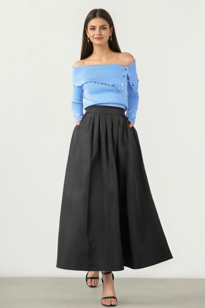 Taffeta Skirt with Lace-Trimmed Waist