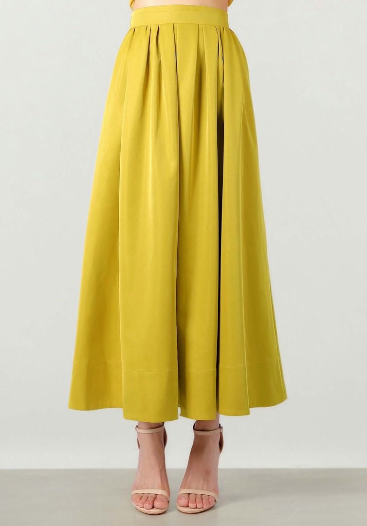 Olive Taffeta Midi Skirt