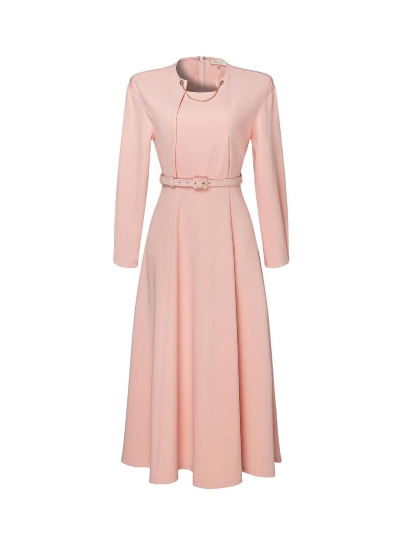 Long Sleeve Belted Waist Midi Dress