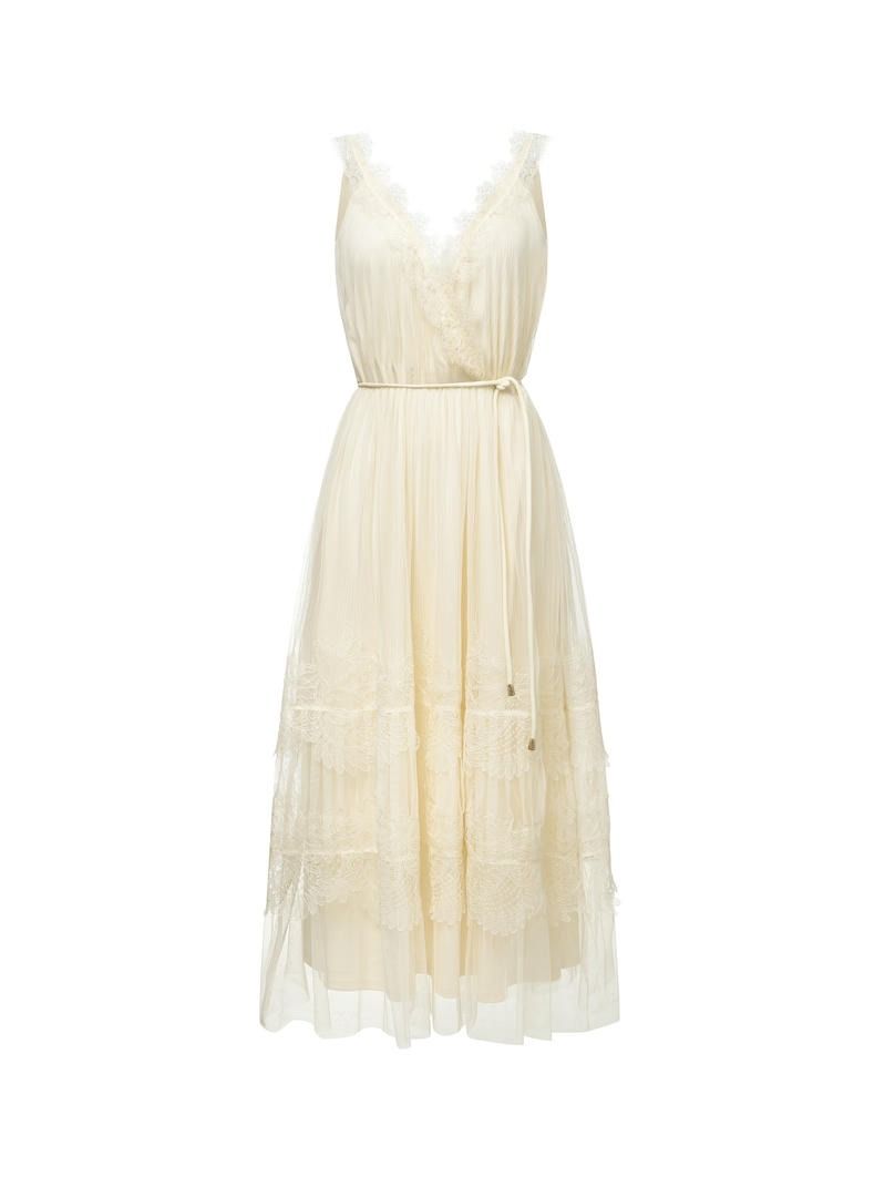 Crossover front lace trimming dress