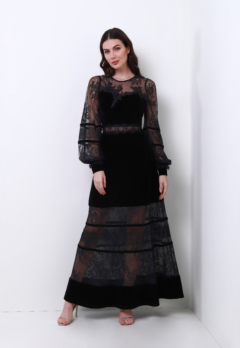 lace inserts balloon sleeves dress