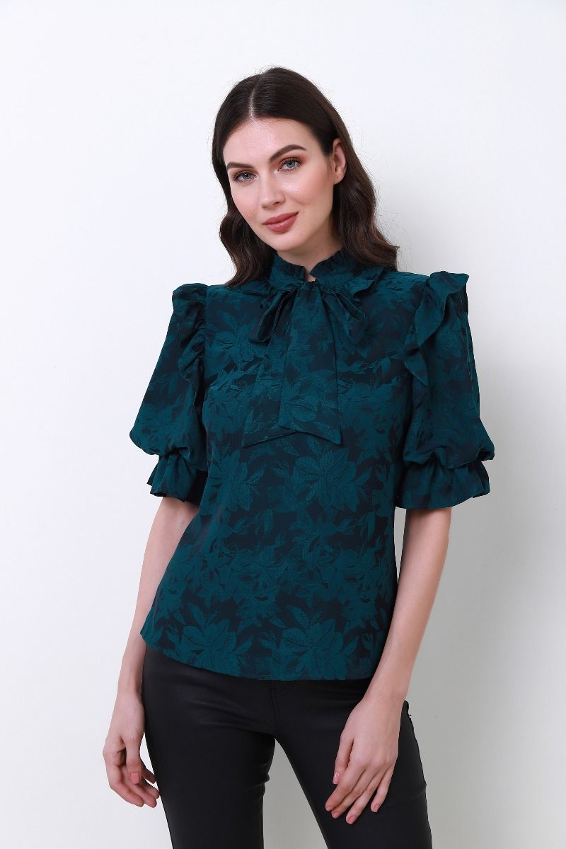 Jacquard self-tie neckline top
