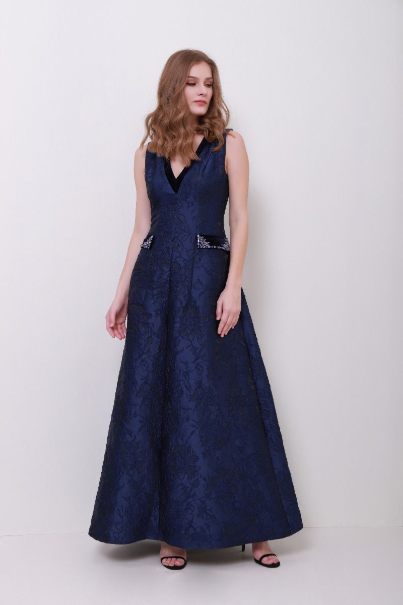 Brocade V neck dress