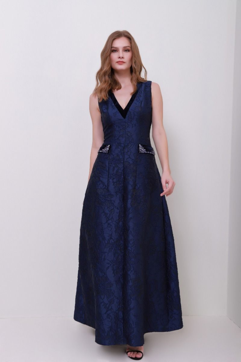 Brocade V neck dress