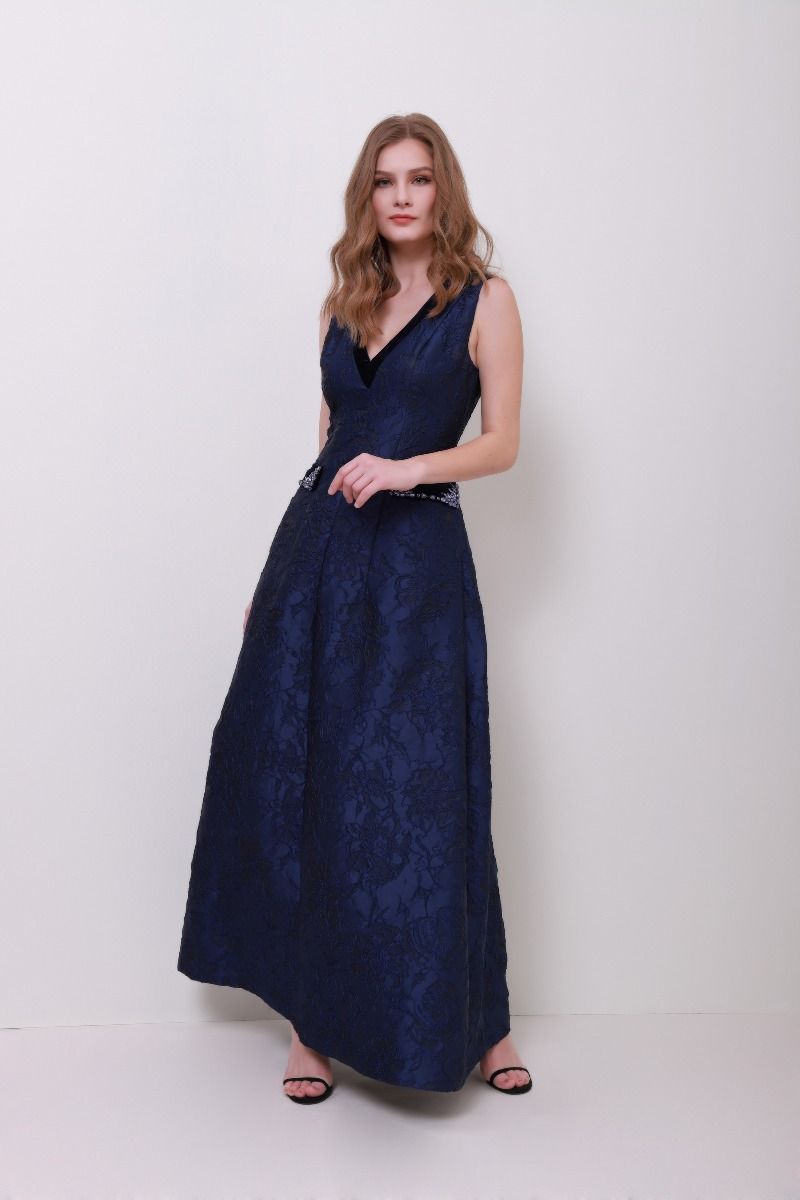 Brocade V neck dress