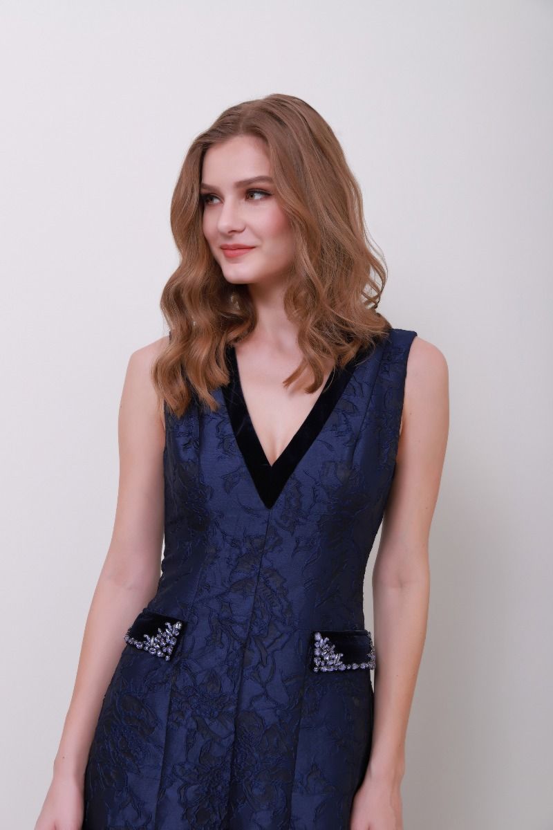 Brocade V neck dress