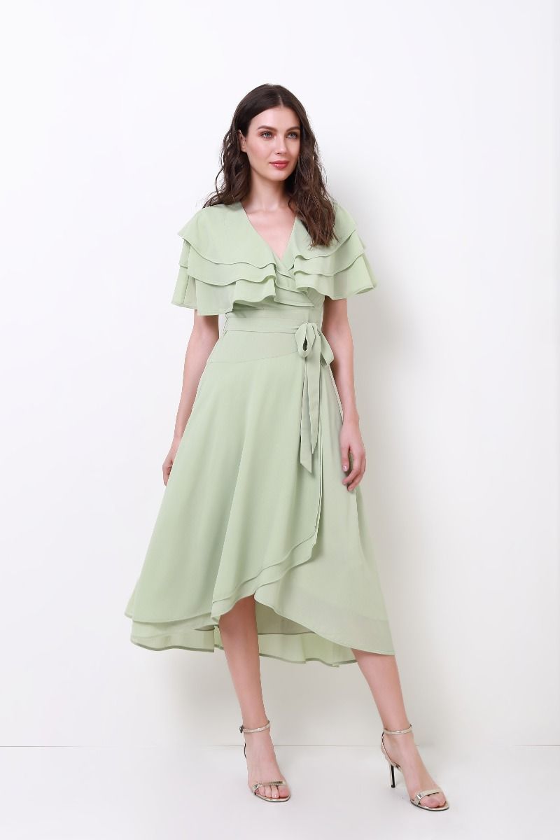 ruffled cape chiffon dress