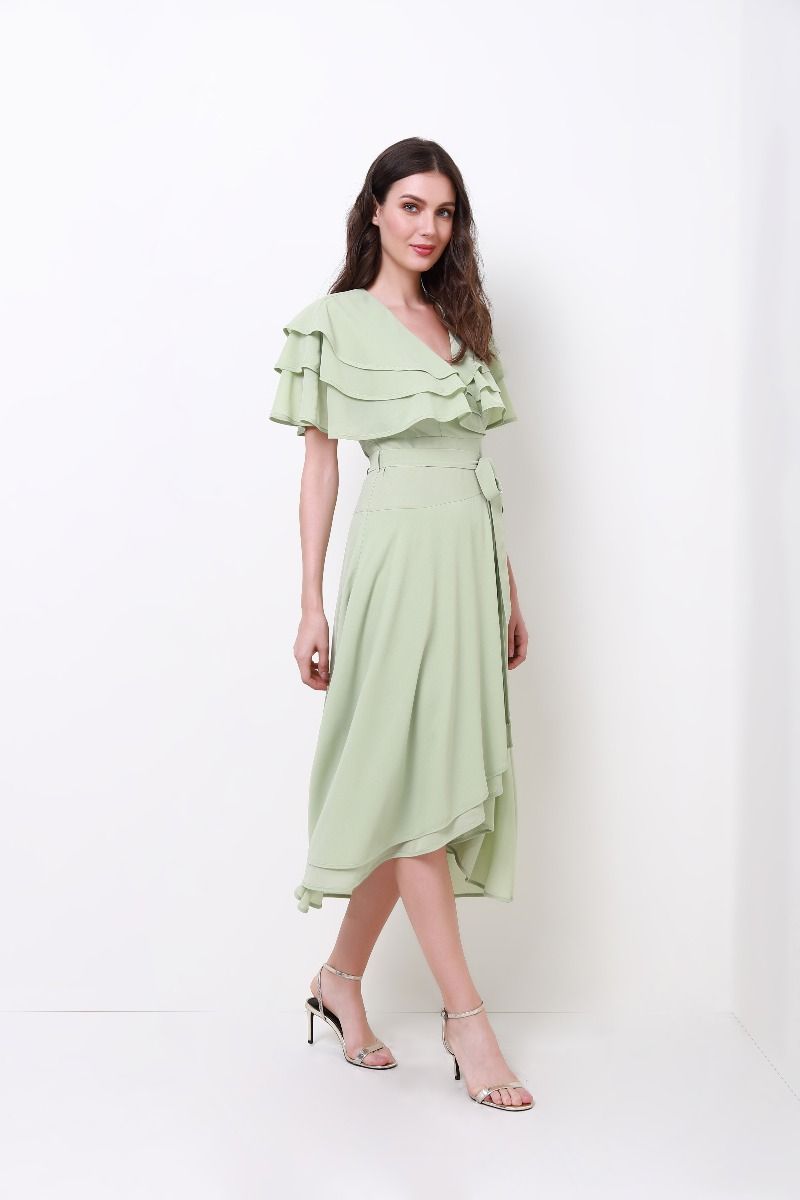 ruffled cape chiffon dress