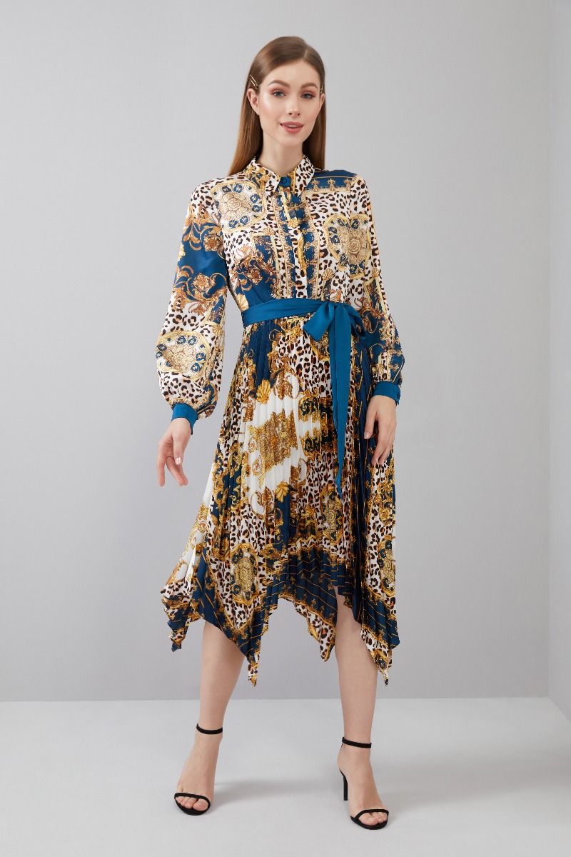Mixed Print Pleated Dress