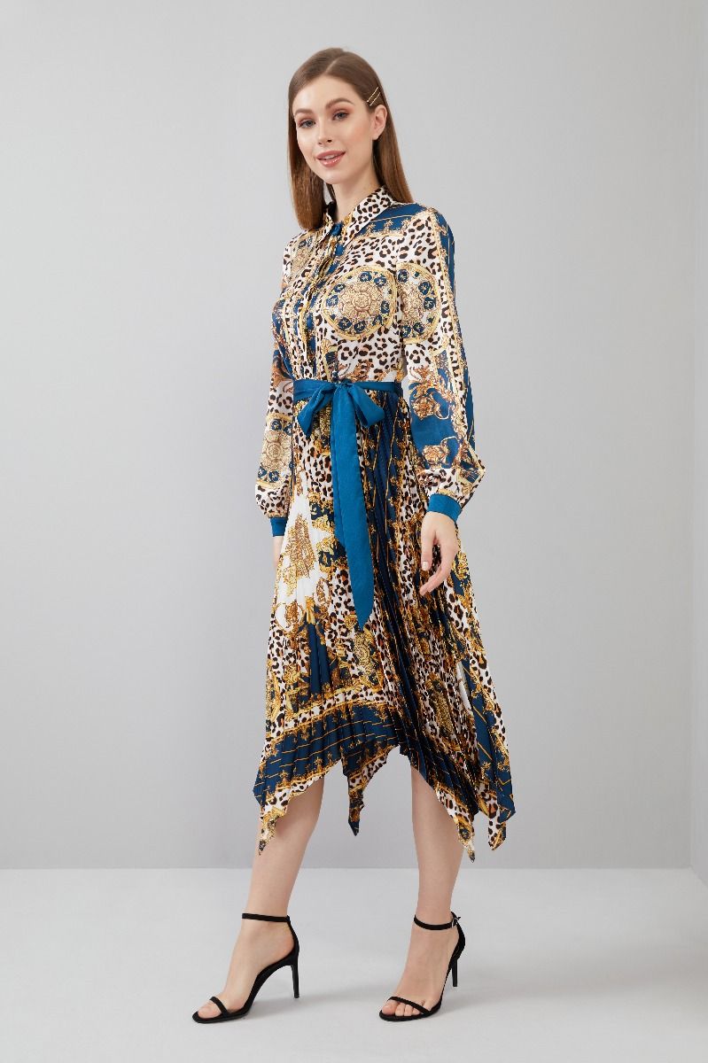 Mixed Print Pleated Dress
