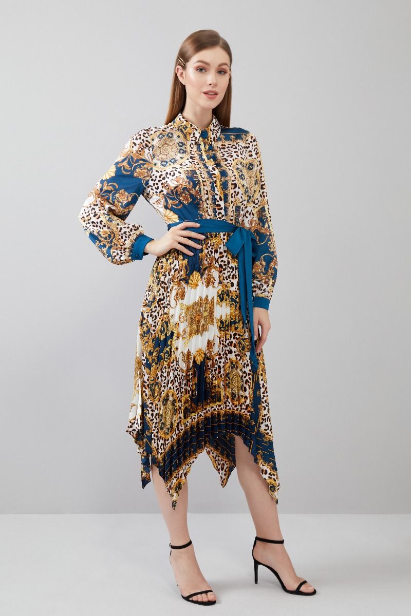 Mixed Print Pleated Dress