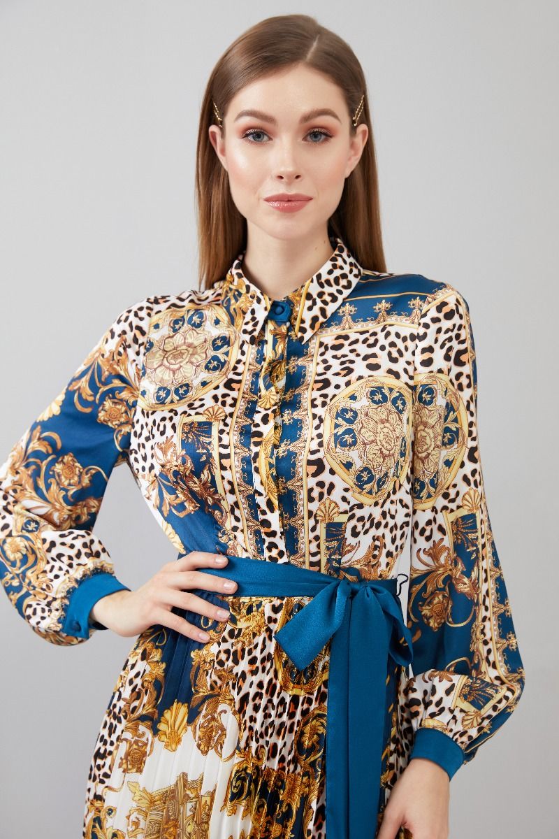 Mixed Print Pleated Dress