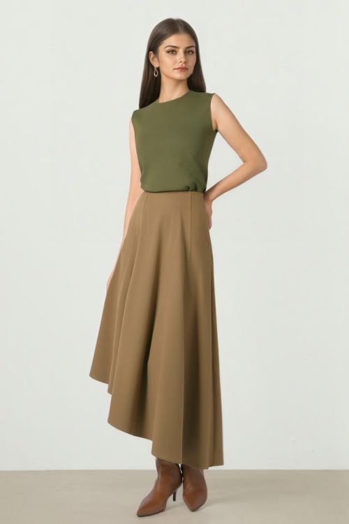 Tan Wool-Look Midi Skirt