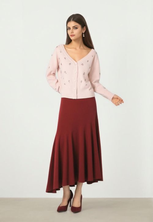 Burgundy Knit Flare Skirt