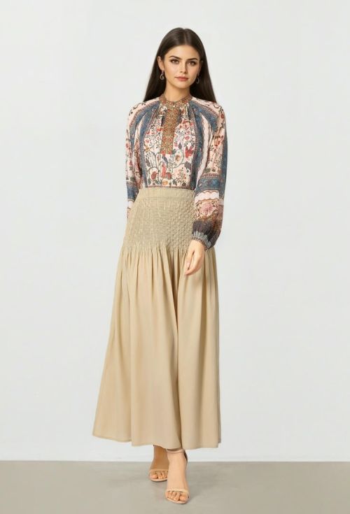 Beige Smocked Skirt