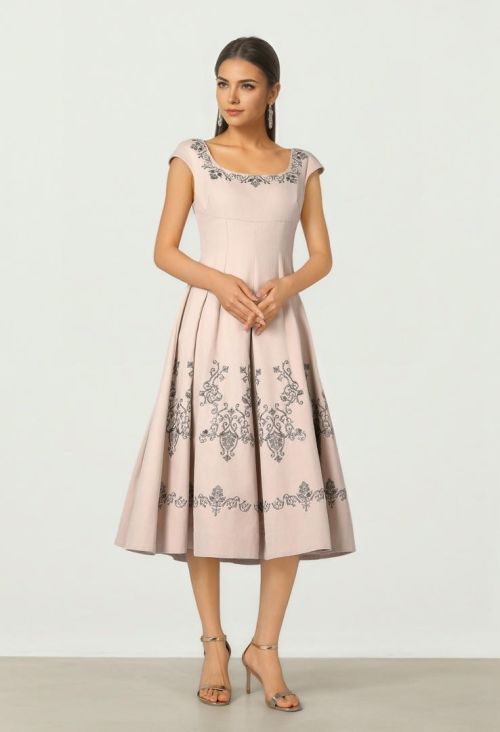 Beige Embroidered Dress