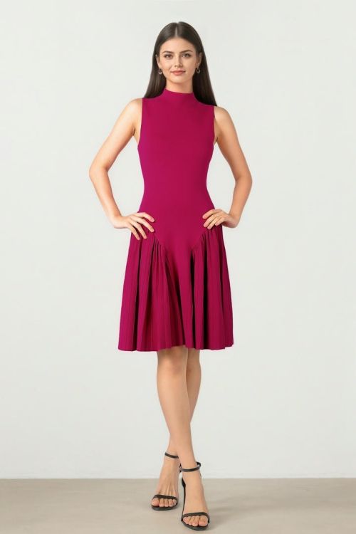 Burgundy Knit Dress with Pleats