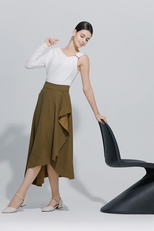 Olive Asymmetrical Crepe Skirt